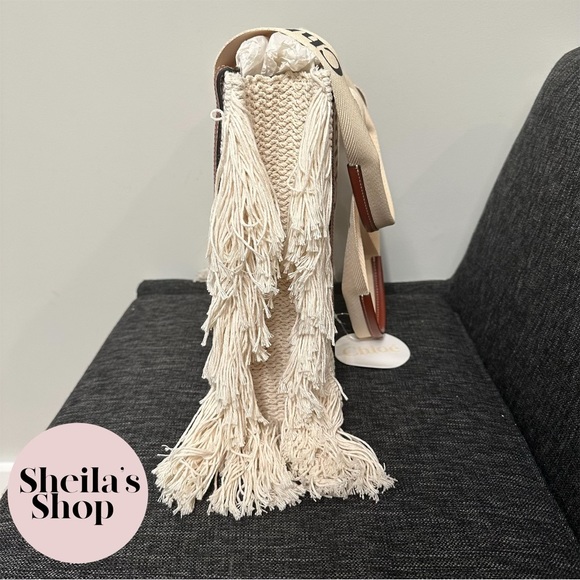 NWT Chloé Medium Woody Woven Fringe Tote Bag White & Brown - Picture 4 of 10